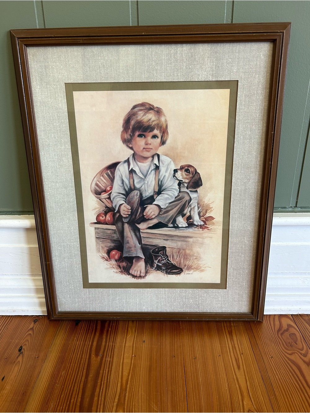 Boy With Suspenders And Puppy/With Apples Framed And Matted
